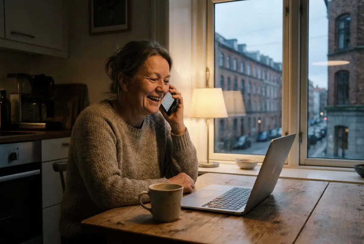 En ejer af et rengøringsfirma taler i telefon ved køkkenbordet om aftenen.